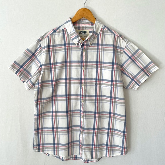 URBAN PIPELINE Men's Size XL Short Sleeve Button Down Shirt Blue Gray Red Plaid - Picture 1 of 6